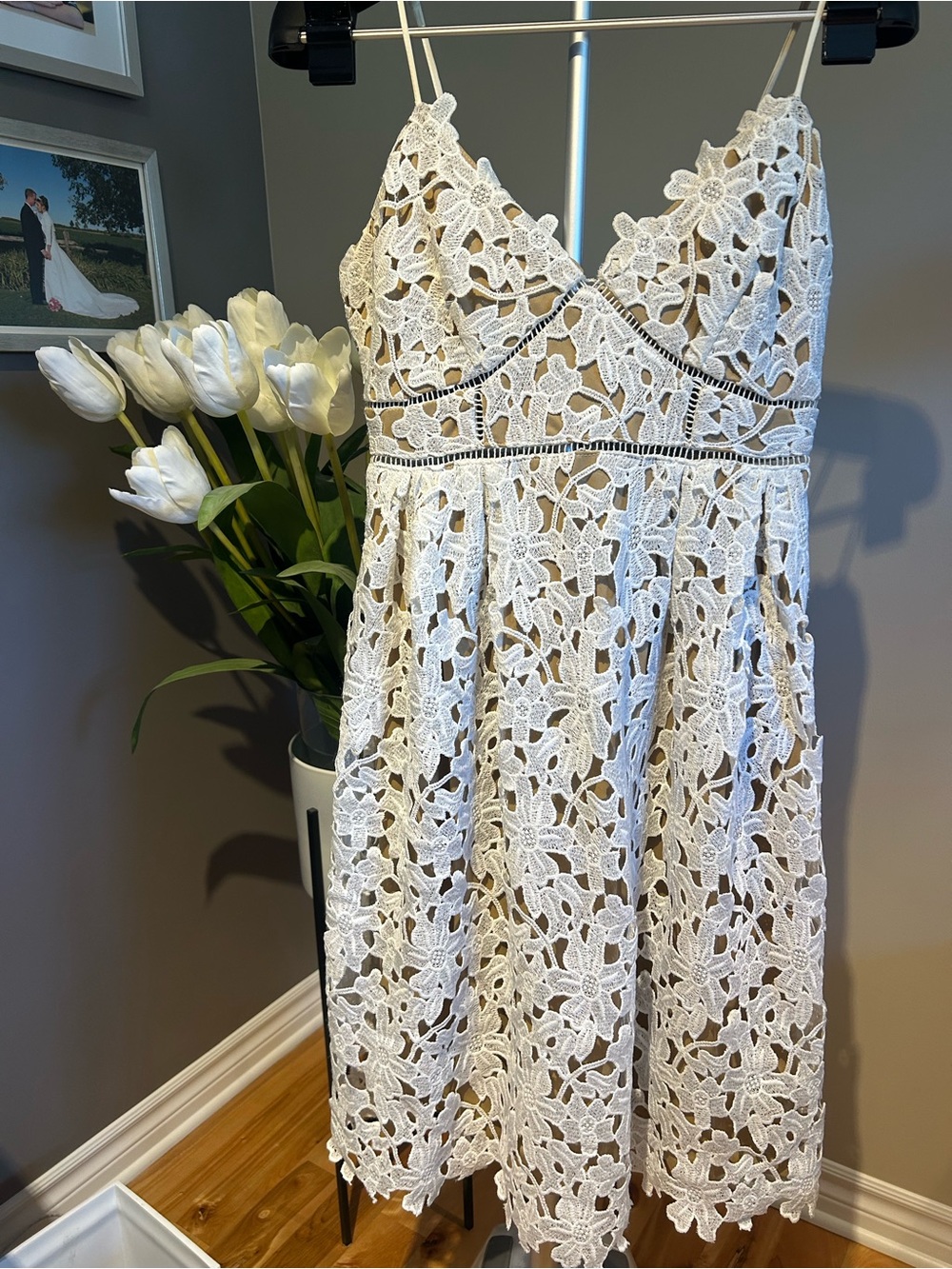 Sans Souci White Crochet Lace Midi Dress with Spaghetti Straps